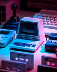 Cartoon-ish photo of a desktop with various older PCs.